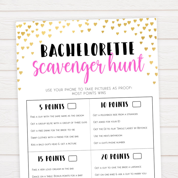 Gold hearts bachelorette games, bachelorette scavenger hunt game, printable bachelorette games, hen party games, top party games, fun bridal shower games, bachelorette party games