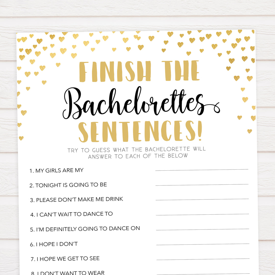 Gold hearts bachelorette games, bachelorette sentences game, printable bachelorette games, hen party games, top party games, fun bridal shower games, bachelorette party games