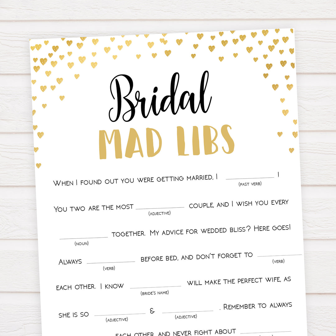 Gold hearts bridal shower games, bridal mad libs, printable bridal games, gold bridal games, gold hearts bridal games, fun bridal games, top bridal games, best bridal games