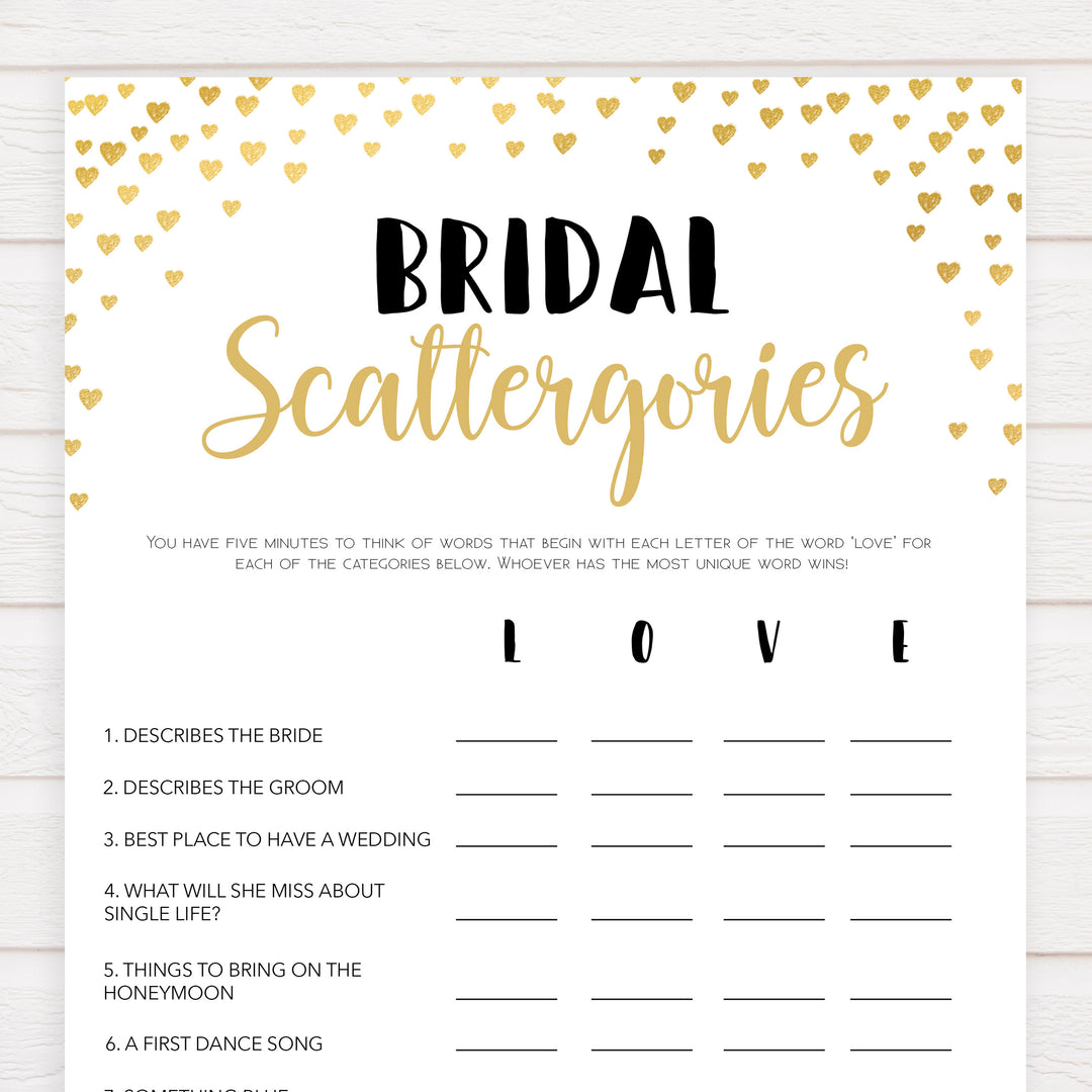 Gold hearts bridal shower games, bridal scattergories, printable bridal games, gold bridal games, gold hearts bridal games, fun bridal games, top bridal games, best bridal games