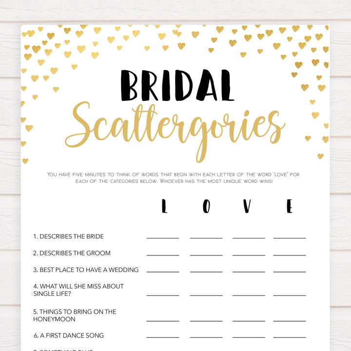 Gold hearts bridal shower games, bridal scattergories, printable bridal games, gold bridal games, gold hearts bridal games, fun bridal games, top bridal games, best bridal games