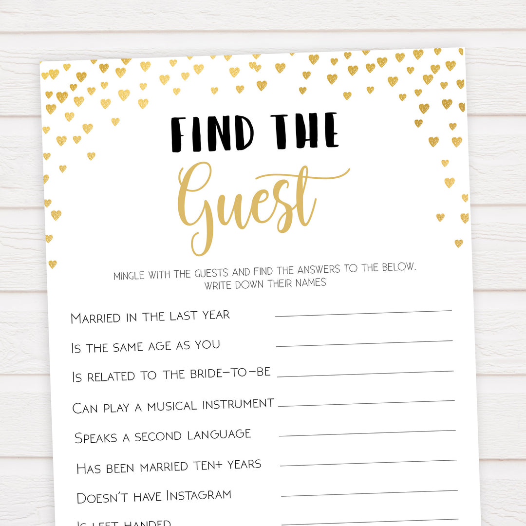 Gold hearts bridal shower games, find the guest, printable bridal games, gold bridal games, gold hearts bridal games, fun bridal games, top bridal games, best bridal games