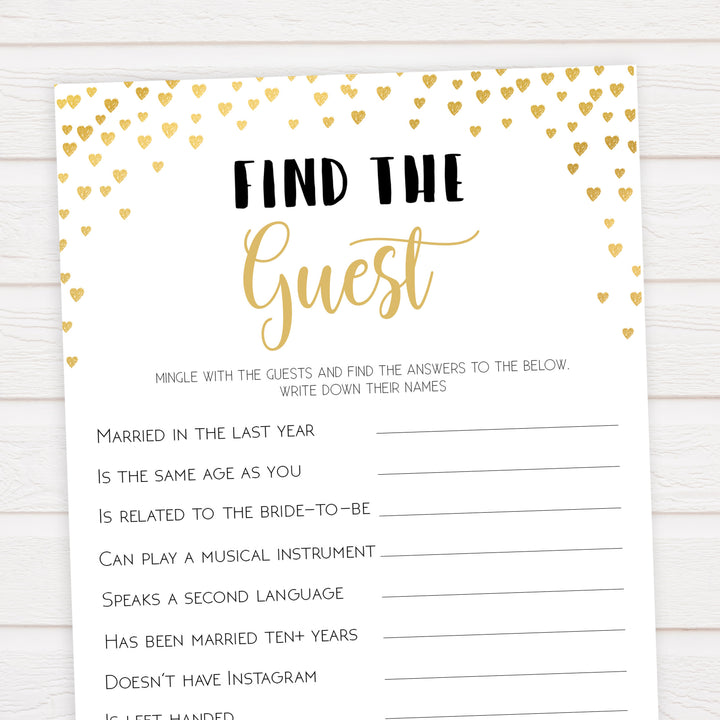 Gold hearts bridal shower games, find the guest, printable bridal games, gold bridal games, gold hearts bridal games, fun bridal games, top bridal games, best bridal games