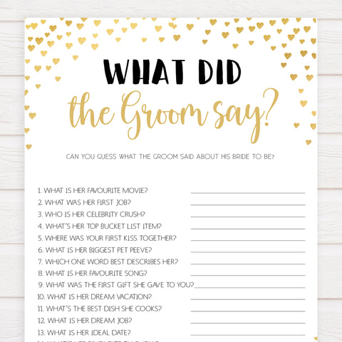 Gold hearts bridal shower games, what did the groom say, printable bridal games, gold bridal games, gold hearts bridal games, fun bridal games, top bridal games, best bridal games