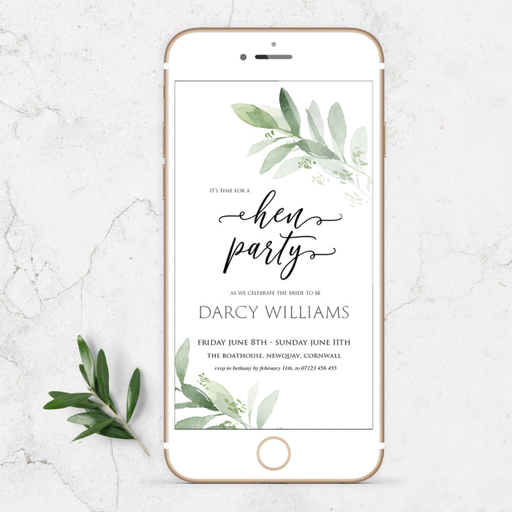 editable hen party invite, hen party mobile invite, greenery bridal shower invite, mobile invites, editable bridal shower invite, corjl bridal invite, bachelorette party invite