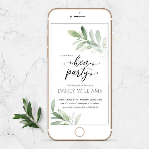 editable hen party invite, hen party mobile invite, greenery bridal shower invite, mobile invites, editable bridal shower invite, corjl bridal invite, bachelorette party invite
