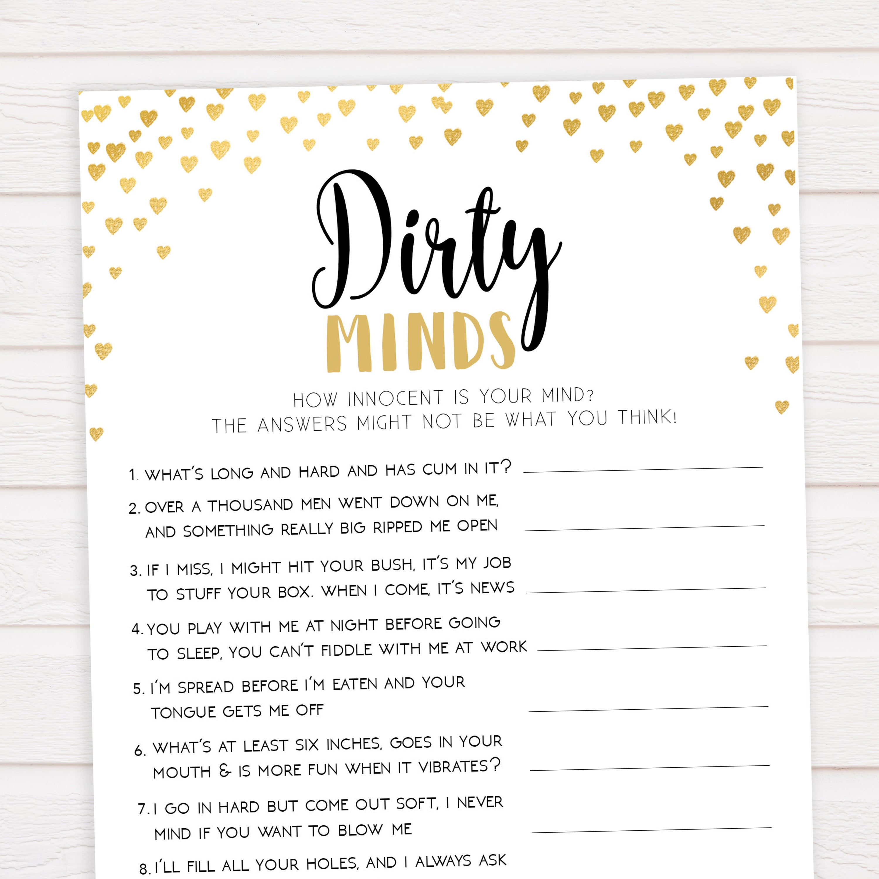 Gold hearts bachelorette games, dirty minds game, printable bachelorette games, hen party games, top party games, fun bridal shower games, bachelorette party games