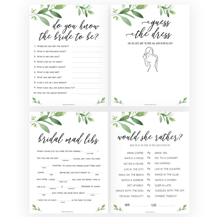 8 Bridal Shower Games Bundle - Greenery