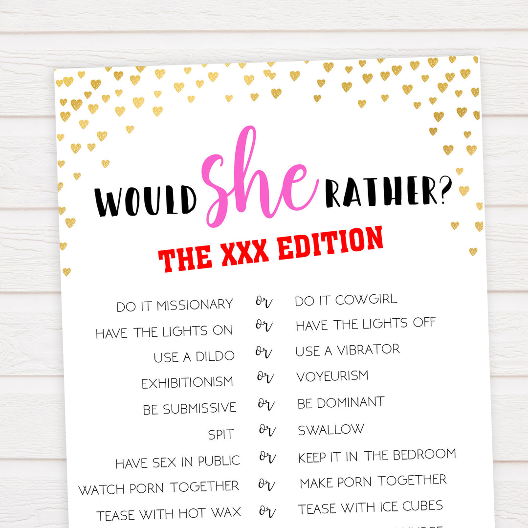 Gold hearts bachelorette games, xxx would she rather game, adult bachelorette game, printable bachelorette games, hen party games, top party games, fun bridal shower games, bachelorette party games