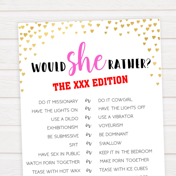 Gold hearts bachelorette games, xxx would she rather game, adult bachelorette game, printable bachelorette games, hen party games, top party games, fun bridal shower games, bachelorette party games