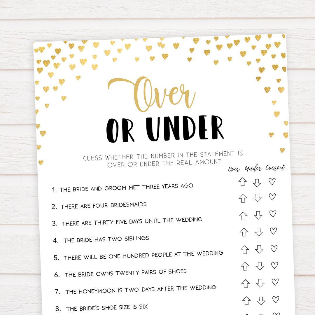 Gold hearts bridal shower games, over or under, printable bridal games, gold bridal games, gold hearts bridal games, fun bridal games, top bridal games, best bridal games