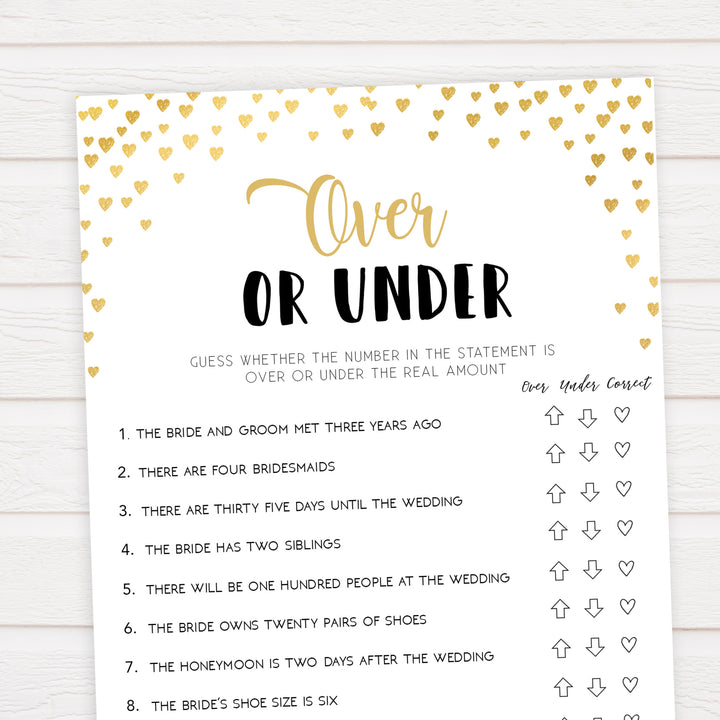 Gold hearts bridal shower games, over or under, printable bridal games, gold bridal games, gold hearts bridal games, fun bridal games, top bridal games, best bridal games