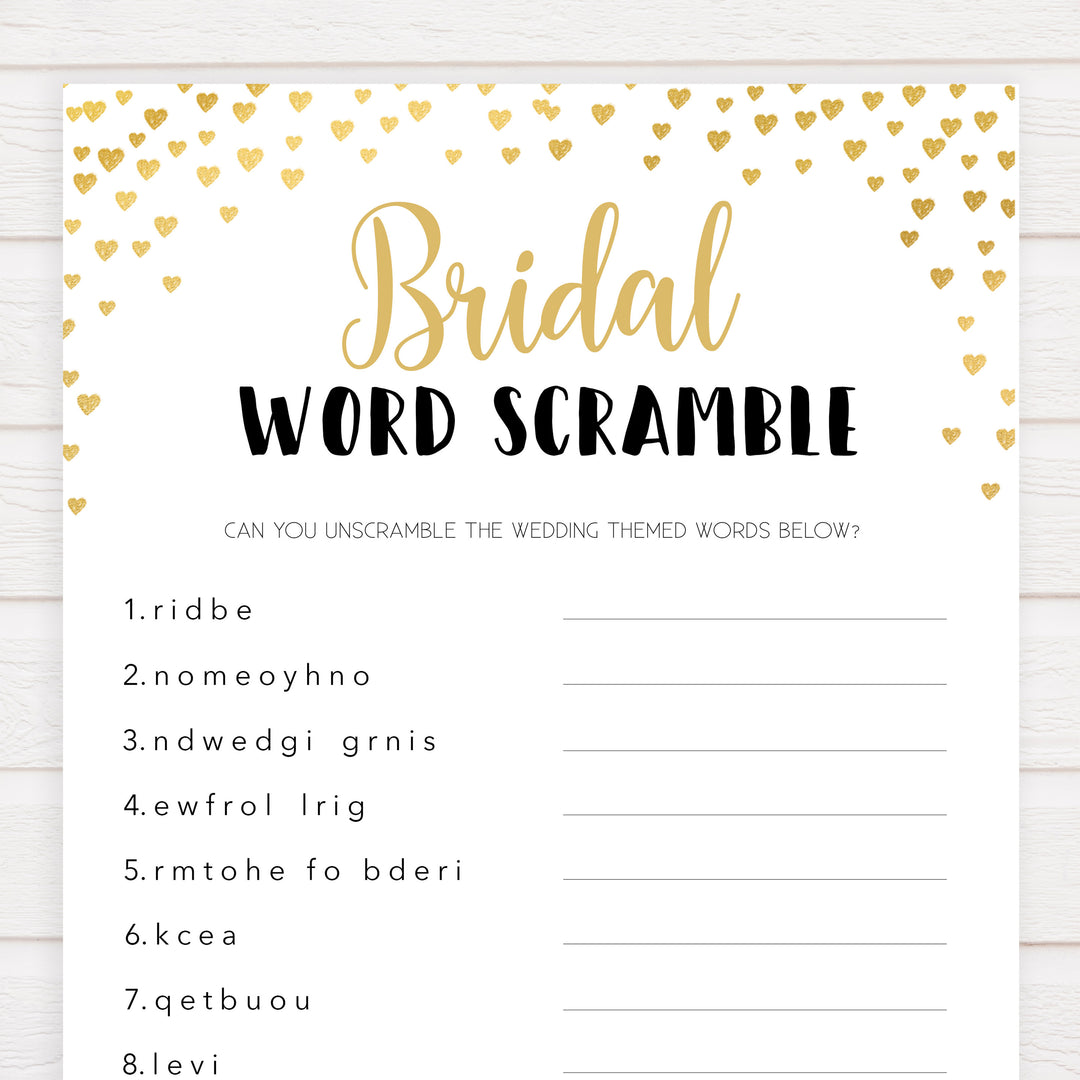Gold hearts bridal shower games, bridal word scramble, printable bridal games, gold bridal games, gold hearts bridal games, fun bridal games, top bridal games, best bridal games