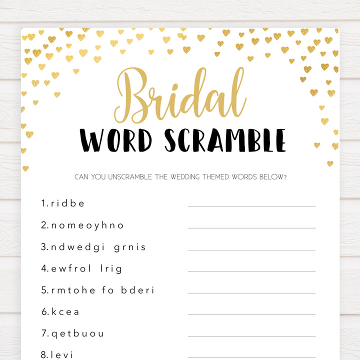 Gold hearts bridal shower games, bridal word scramble, printable bridal games, gold bridal games, gold hearts bridal games, fun bridal games, top bridal games, best bridal games