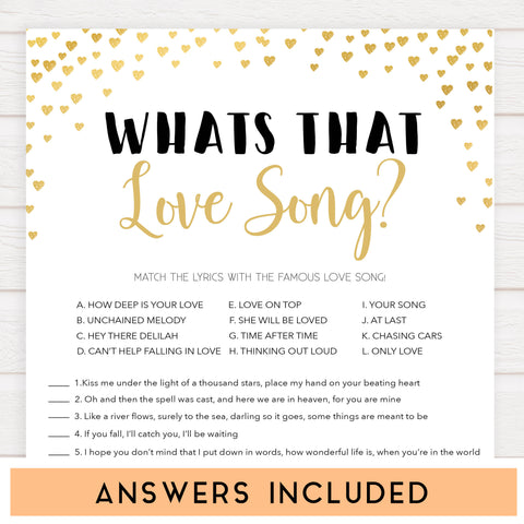 Gold hearts bridal shower games, whats that love song, printable bridal games, gold bridal games, gold hearts bridal games, fun bridal games, top bridal games, best bridal games