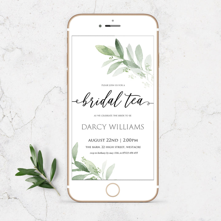 bridal tea party invite, greenery bridal shower invite, mobile invites, editable bridal shower invite, corjl bridal invite, bachelorette party invite