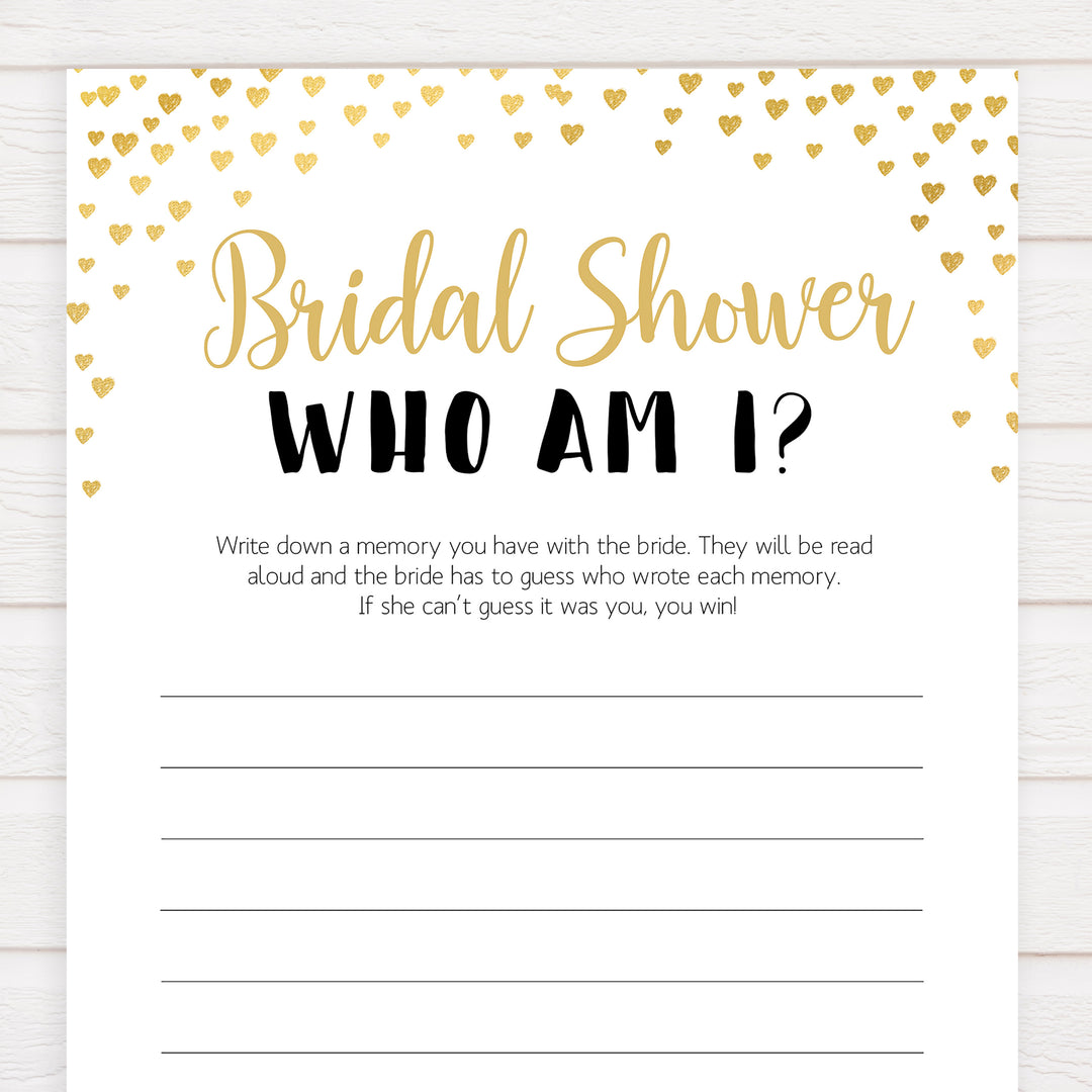Gold hearts bridal shower games, bridal show am i, printable bridal games, gold bridal games, gold hearts bridal games, fun bridal games, top bridal games, best bridal games