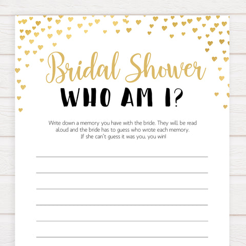 Gold hearts bridal shower games, bridal show am i, printable bridal games, gold bridal games, gold hearts bridal games, fun bridal games, top bridal games, best bridal games