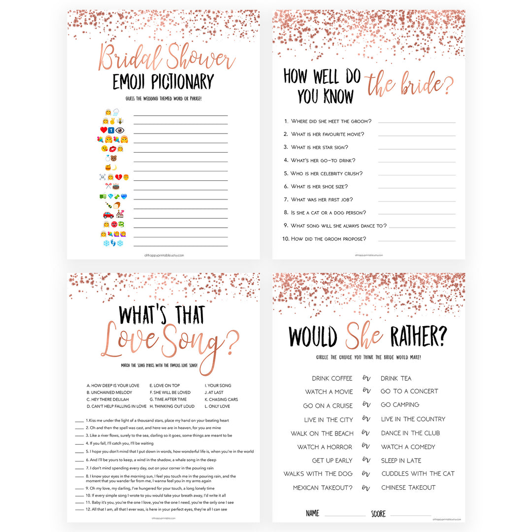 4 Bridal Shower Games Bundle - Rose Gold Foil