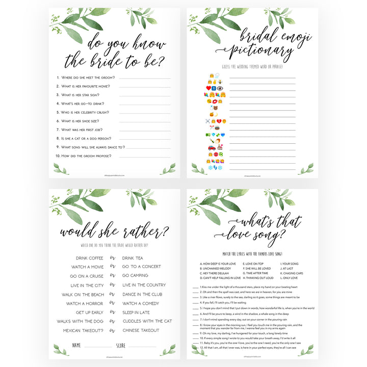 4 Bridal Shower Games Bundle - Greenery
