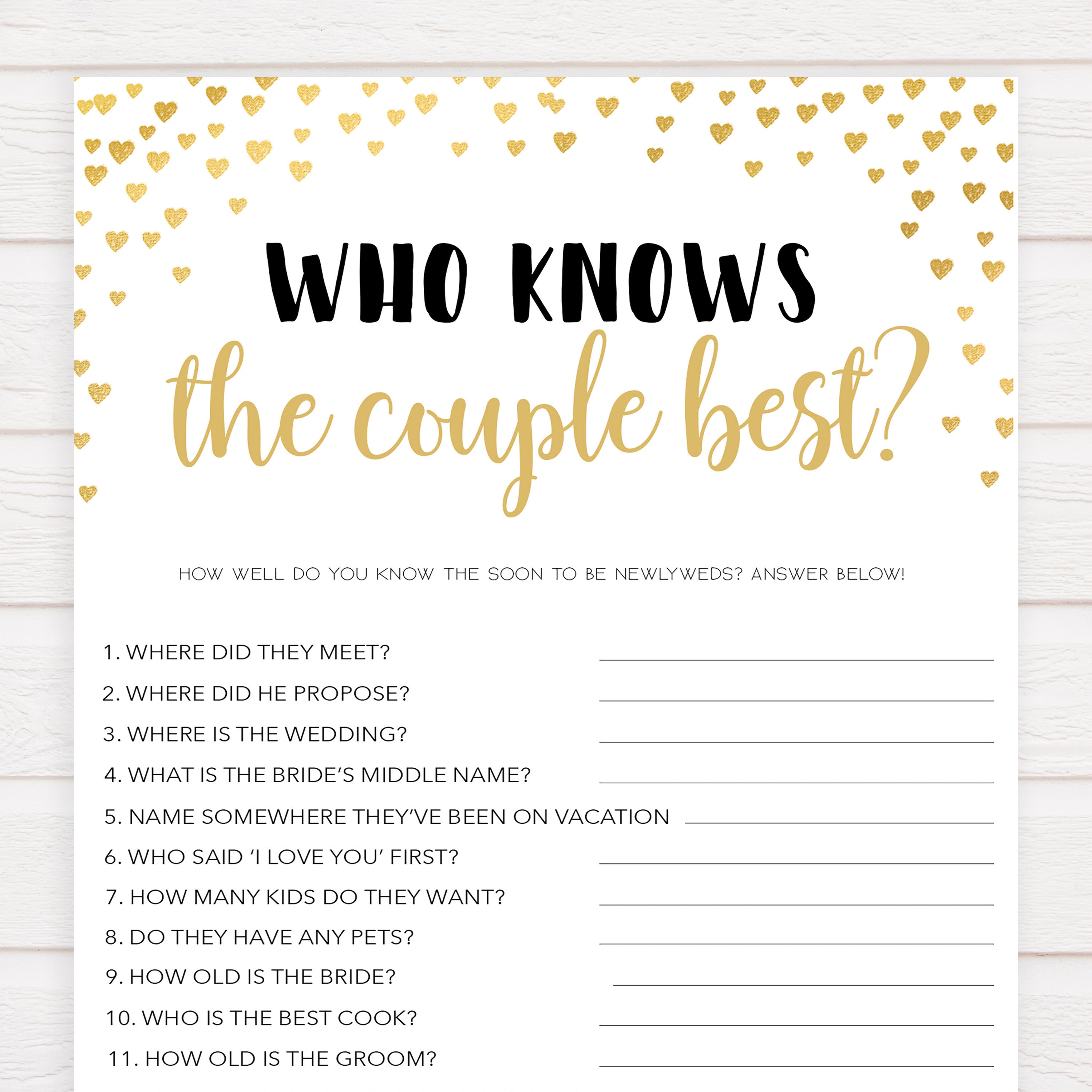 Gold hearts bridal shower games, who knows the couple best, printable bridal games, gold bridal games, gold hearts bridal games, fun bridal games, top bridal games, best bridal games