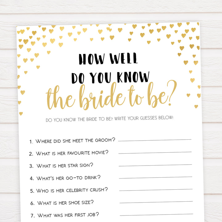 Gold hearts bridal shower games, do you know the bride, printable bridal games, gold bridal games, gold hearts bridal games, fun bridal games, top bridal games, best bridal games