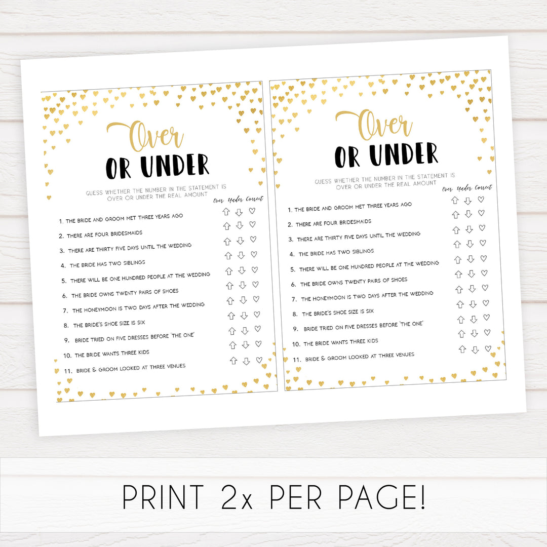 Gold hearts bridal shower games, over or under, printable bridal games, gold bridal games, gold hearts bridal games, fun bridal games, top bridal games, best bridal games