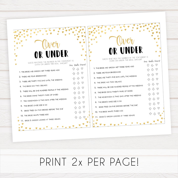 Gold hearts bridal shower games, over or under, printable bridal games, gold bridal games, gold hearts bridal games, fun bridal games, top bridal games, best bridal games