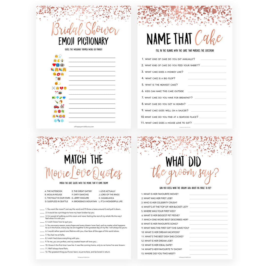 8 Bridal Shower Games Bundle - Rose Gold Foil