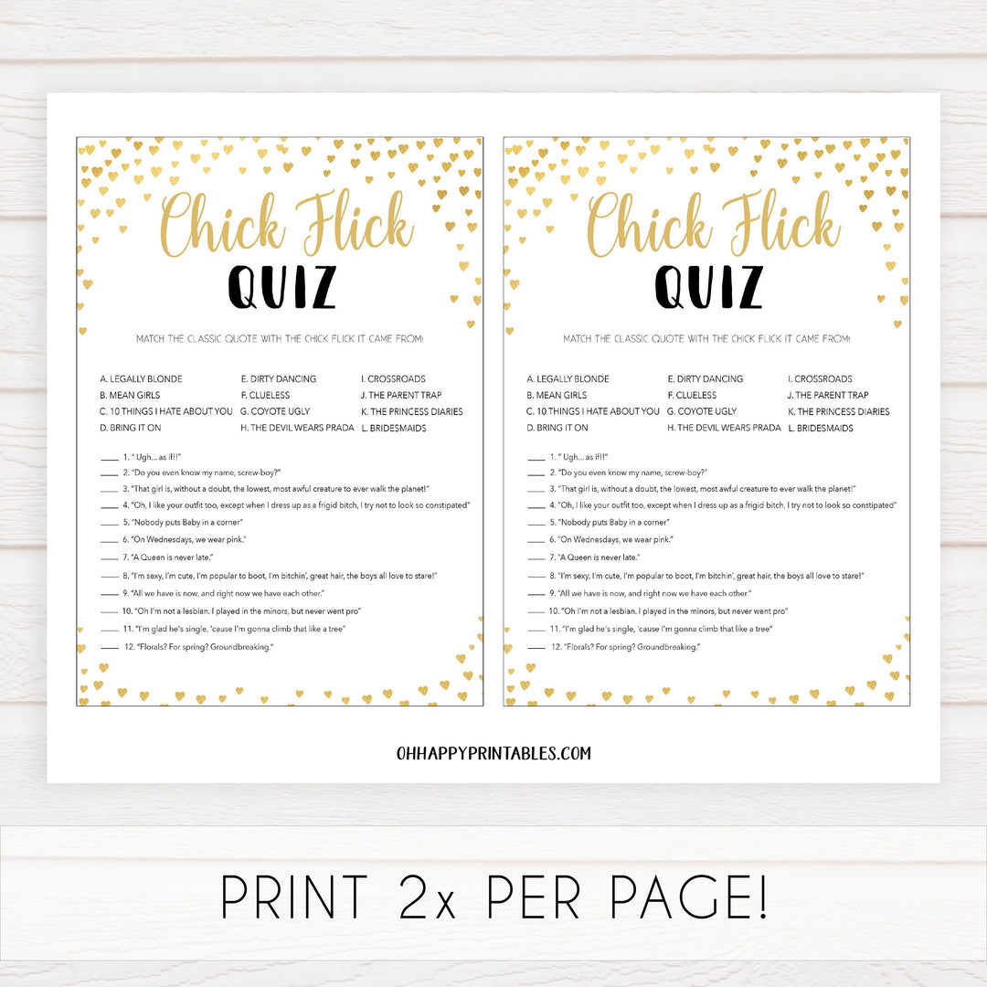 Gold hearts bachelorette games, chick flick quiz game, printable bachelorette games, hen party games, top party games, fun bridal shower games, bachelorette party games