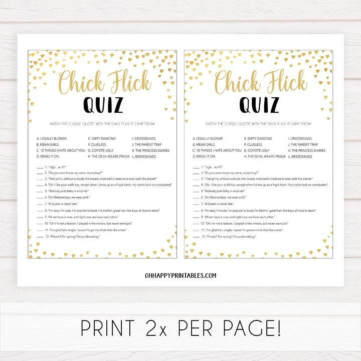 Gold hearts bachelorette games, chick flick quiz game, printable bachelorette games, hen party games, top party games, fun bridal shower games, bachelorette party games