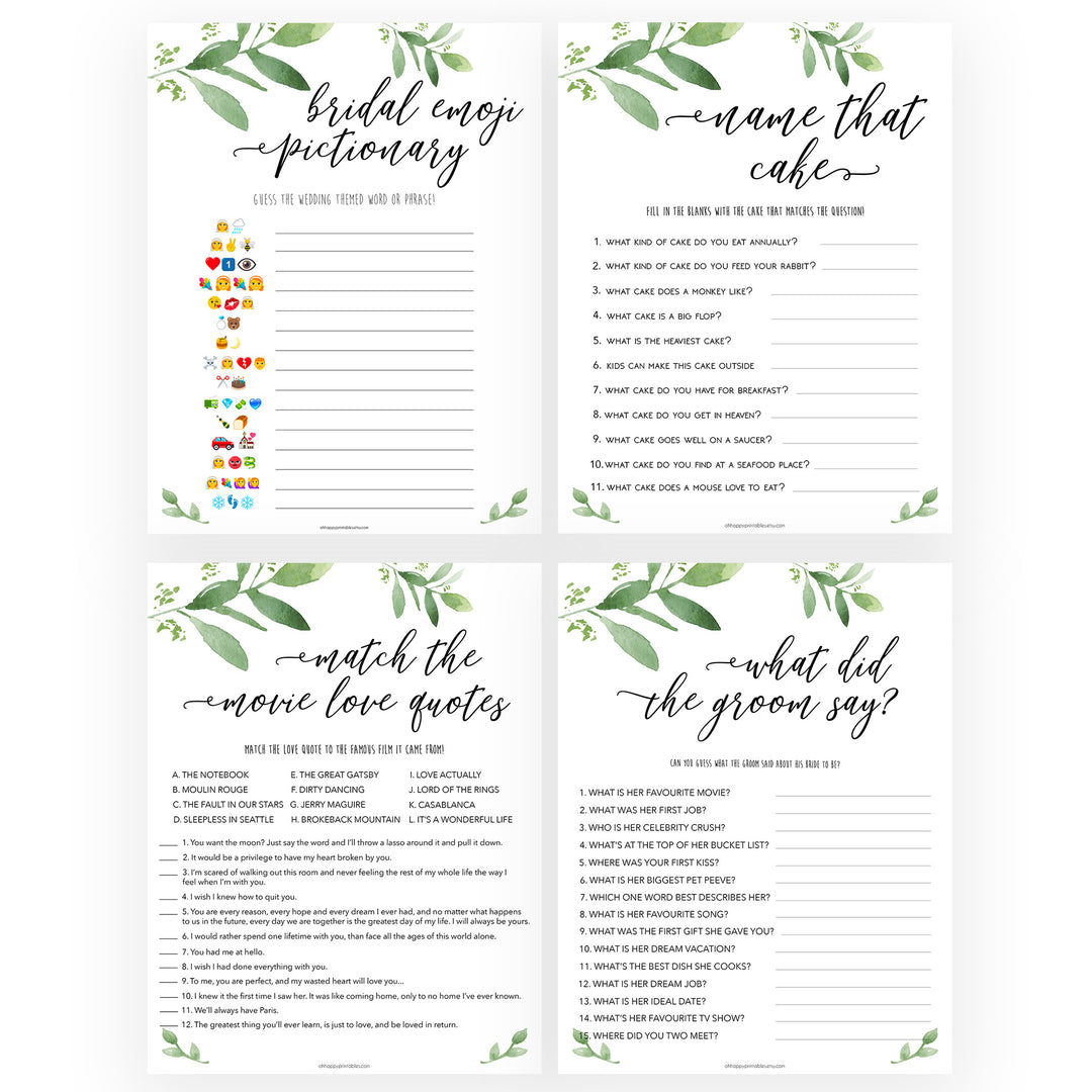 8 Bridal Shower Games Bundle - Greenery