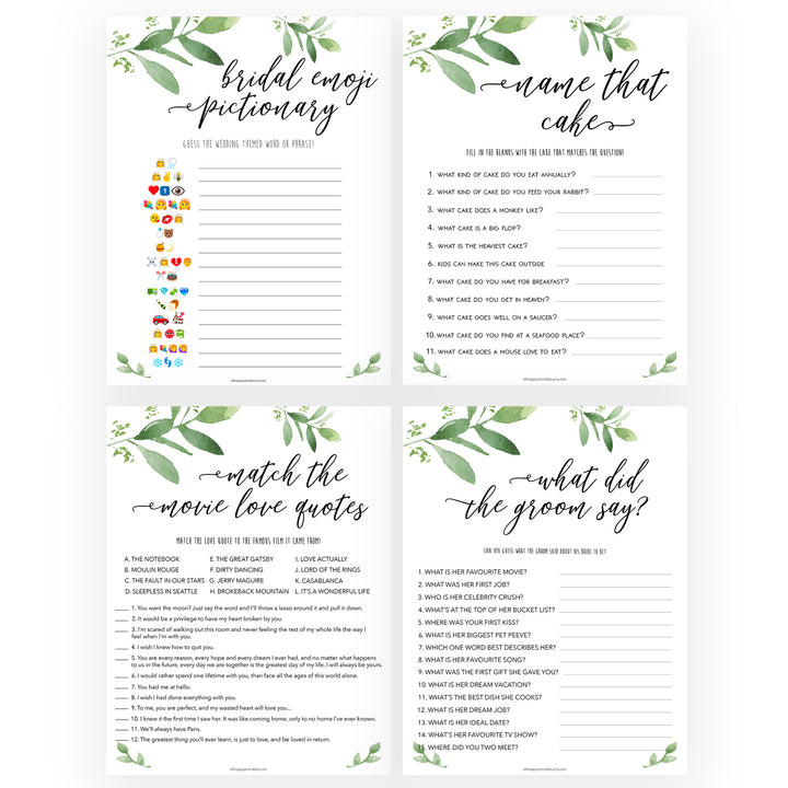 8 Bridal Shower Games Bundle - Greenery