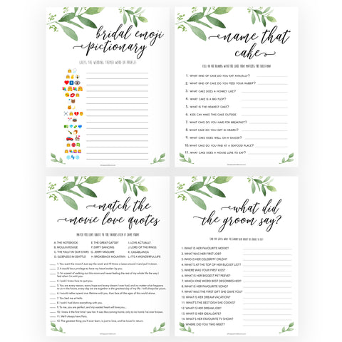 8 Bridal Shower Games Bundle - Greenery