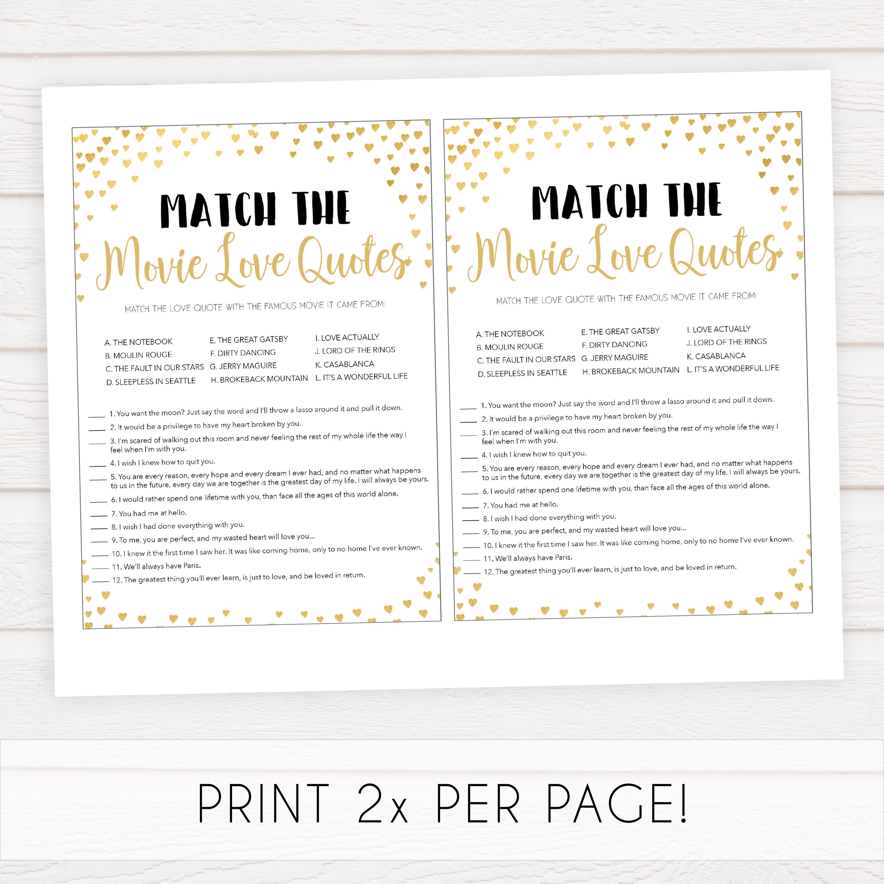 Gold hearts bridal shower games, match the movie love quotes, printable bridal games, gold bridal games, gold hearts bridal games, fun bridal games, top bridal games, best bridal games