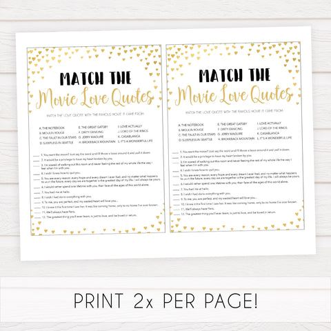 Gold hearts bridal shower games, match the movie love quotes, printable bridal games, gold bridal games, gold hearts bridal games, fun bridal games, top bridal games, best bridal games