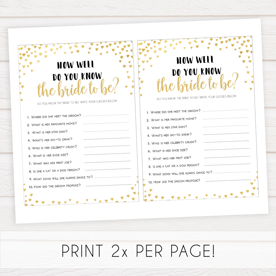 Gold hearts bridal shower games, do you know the bride, printable bridal games, gold bridal games, gold hearts bridal games, fun bridal games, top bridal games, best bridal games
