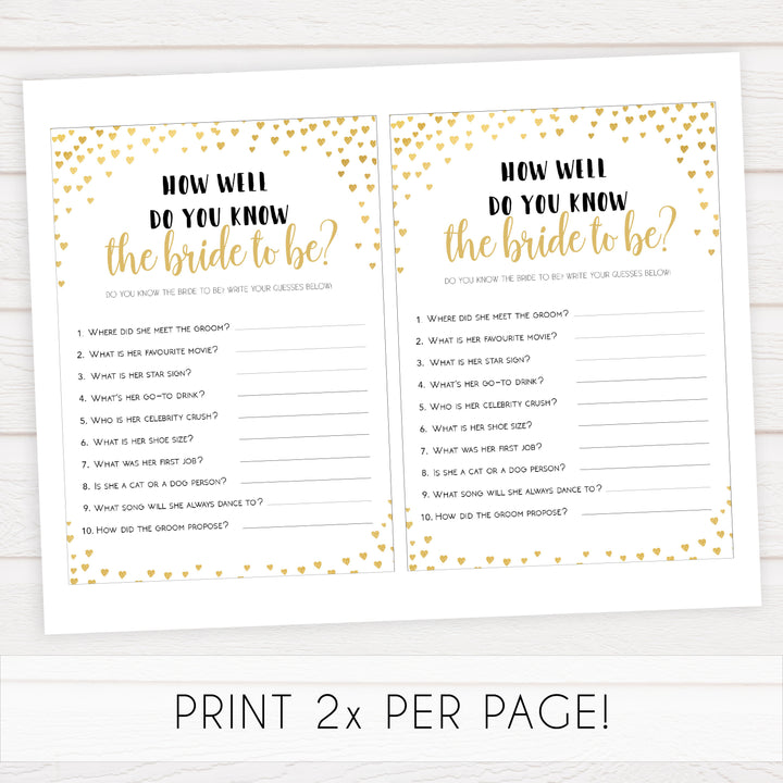Gold hearts bridal shower games, do you know the bride, printable bridal games, gold bridal games, gold hearts bridal games, fun bridal games, top bridal games, best bridal games