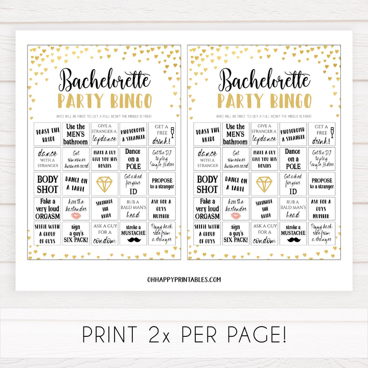 Gold hearts bachelorette games, bachelorette party bingo game, printable bachelorette games, hen party games, top party games, fun bridal shower games, bachelorette party games