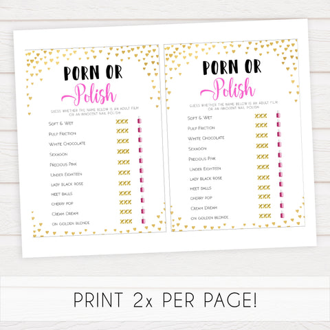 Gold hearts bachelorette games, porn or polish game, printable bachelorette games, hen party games, top party games, fun bridal shower games, bachelorette party games