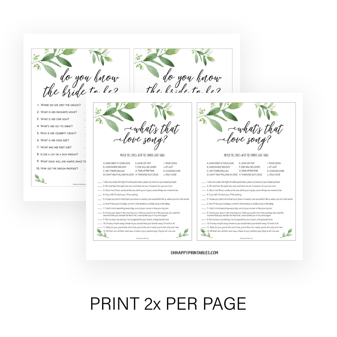 4 Bridal Shower Games Bundle - Greenery