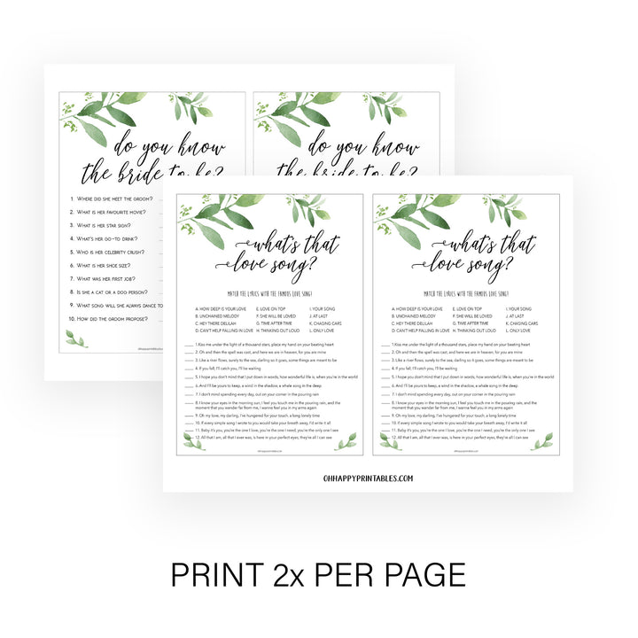 4 Bridal Shower Games Bundle - Greenery