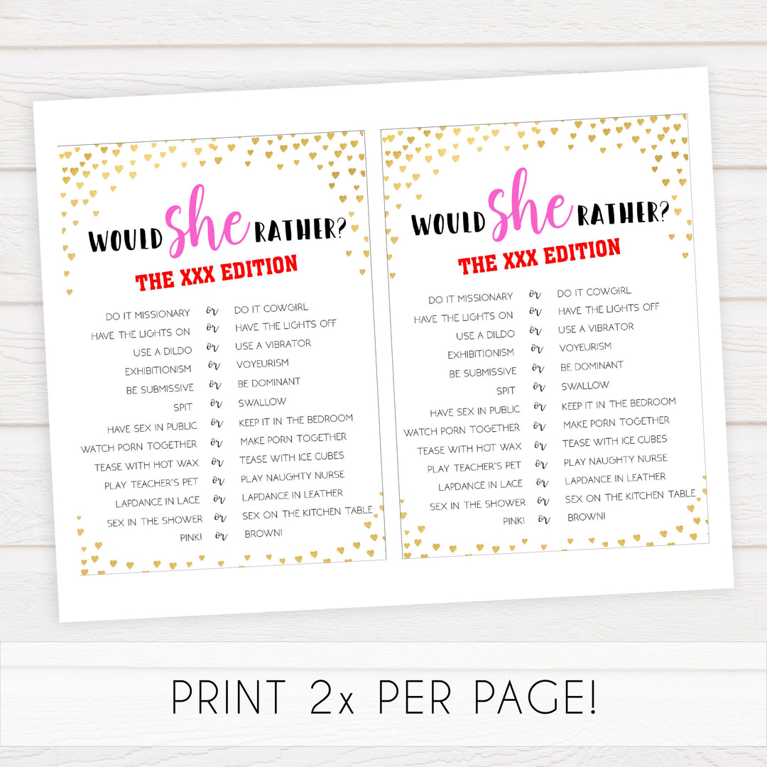 Gold hearts bachelorette games, xxx would she rather game, adult bachelorette game, printable bachelorette games, hen party games, top party games, fun bridal shower games, bachelorette party games