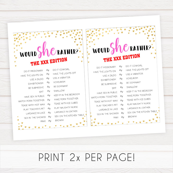 Gold hearts bachelorette games, xxx would she rather game, adult bachelorette game, printable bachelorette games, hen party games, top party games, fun bridal shower games, bachelorette party games