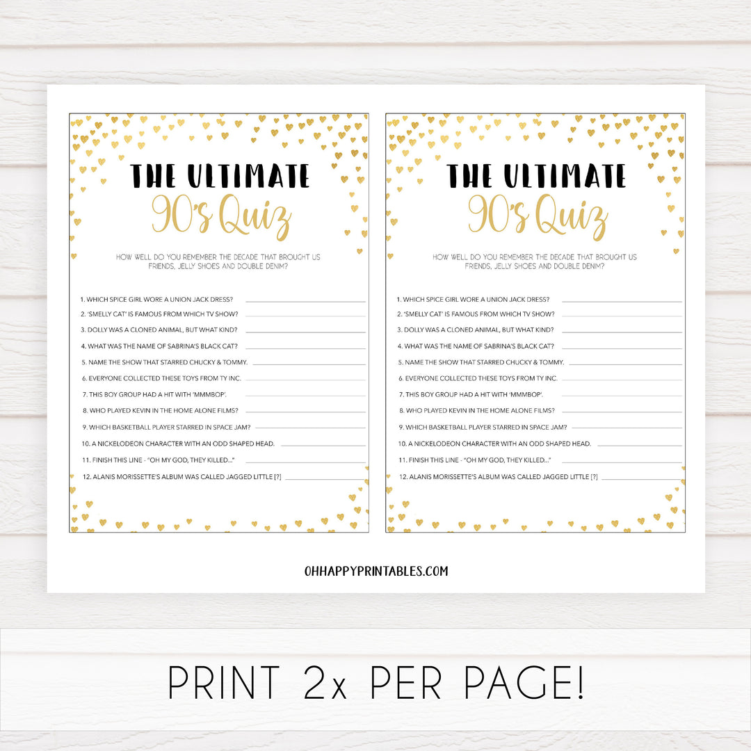Gold hearts bachelorette games, ultimate 90s quiz game, printable bachelorette games, hen party games, top party games, fun bridal shower games, bachelorette party games