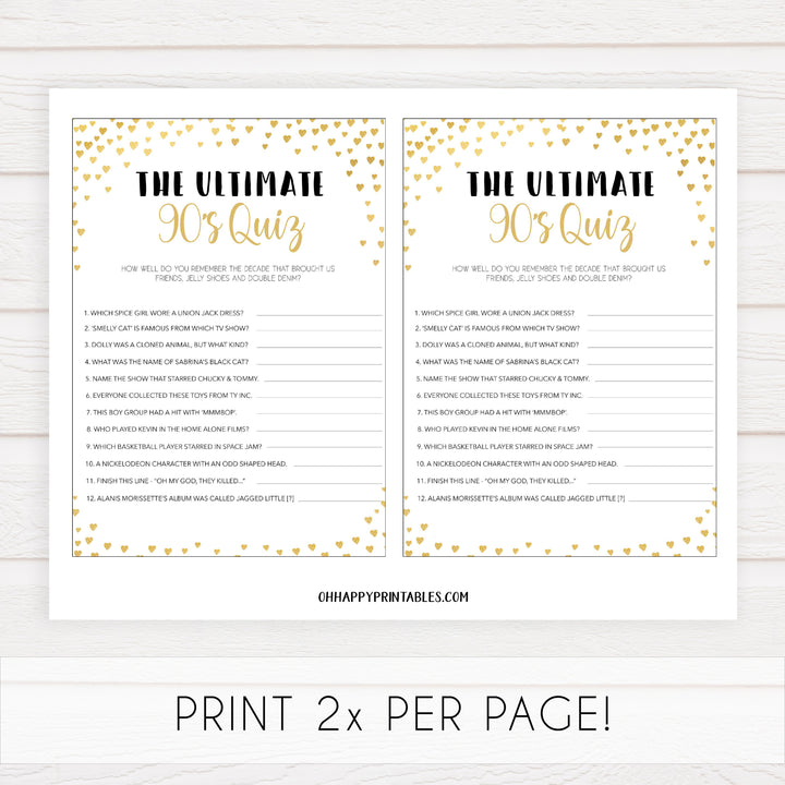 Gold hearts bachelorette games, ultimate 90s quiz game, printable bachelorette games, hen party games, top party games, fun bridal shower games, bachelorette party games