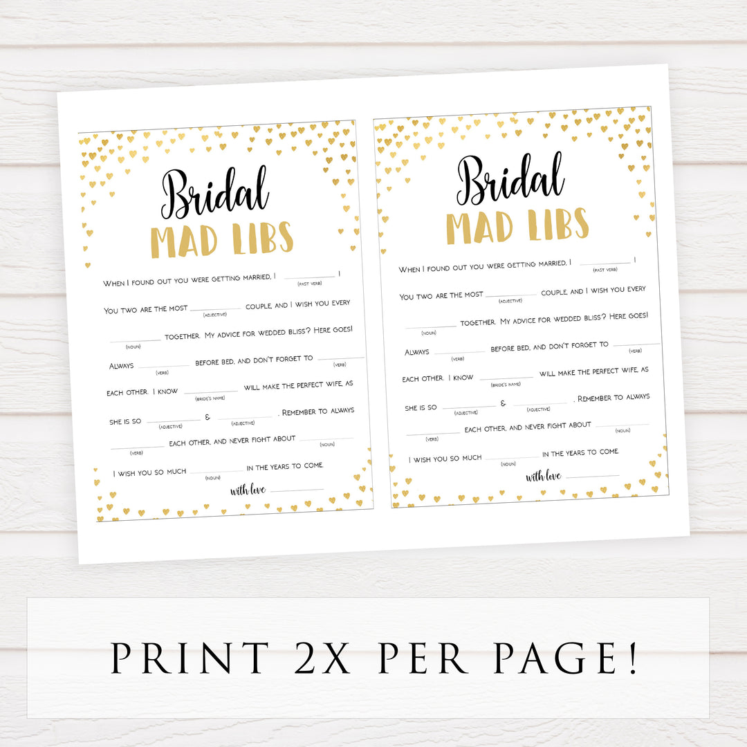 Gold hearts bridal shower games, bridal mad libs, printable bridal games, gold bridal games, gold hearts bridal games, fun bridal games, top bridal games, best bridal games