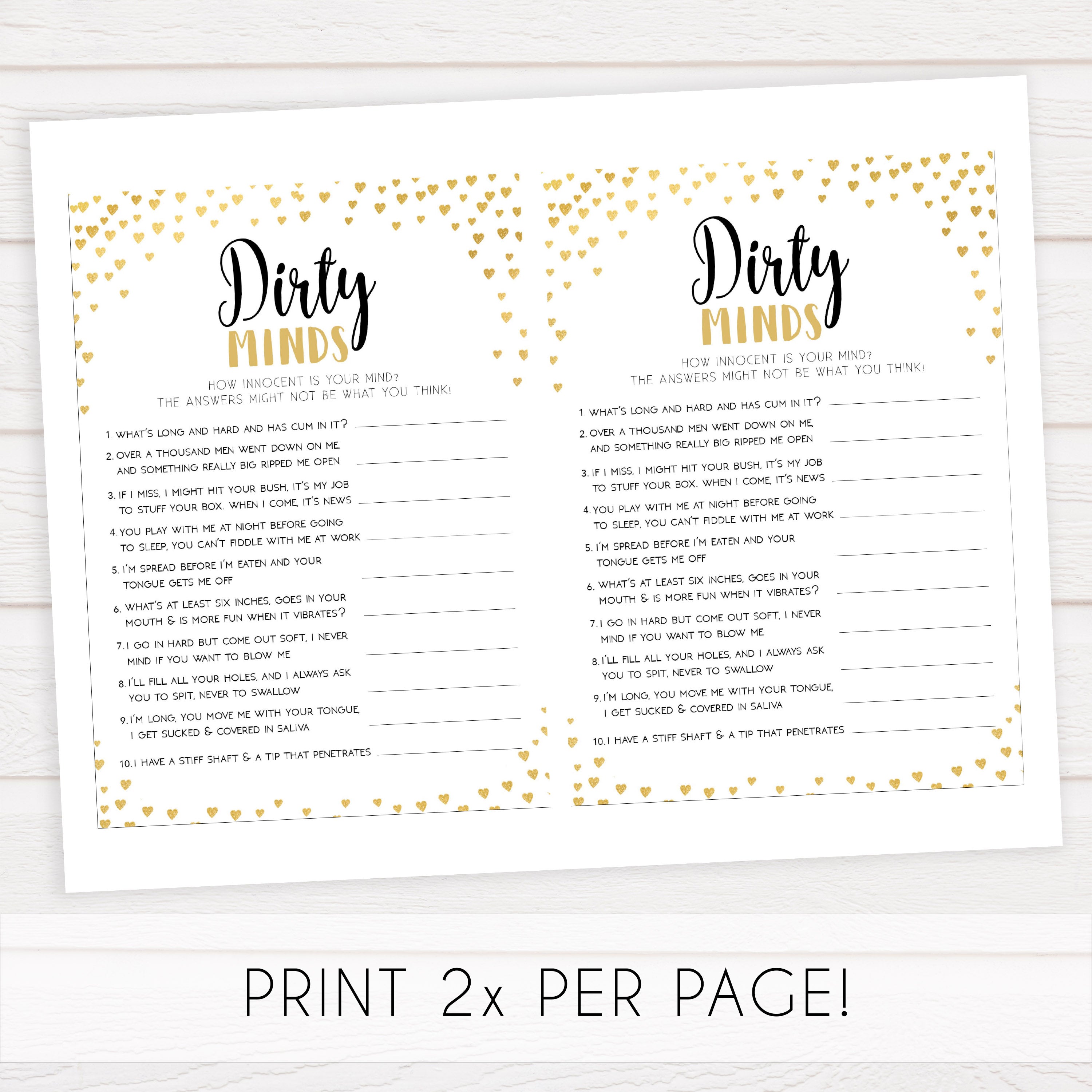 Gold hearts bachelorette games, dirty minds game, printable bachelorette games, hen party games, top party games, fun bridal shower games, bachelorette party games