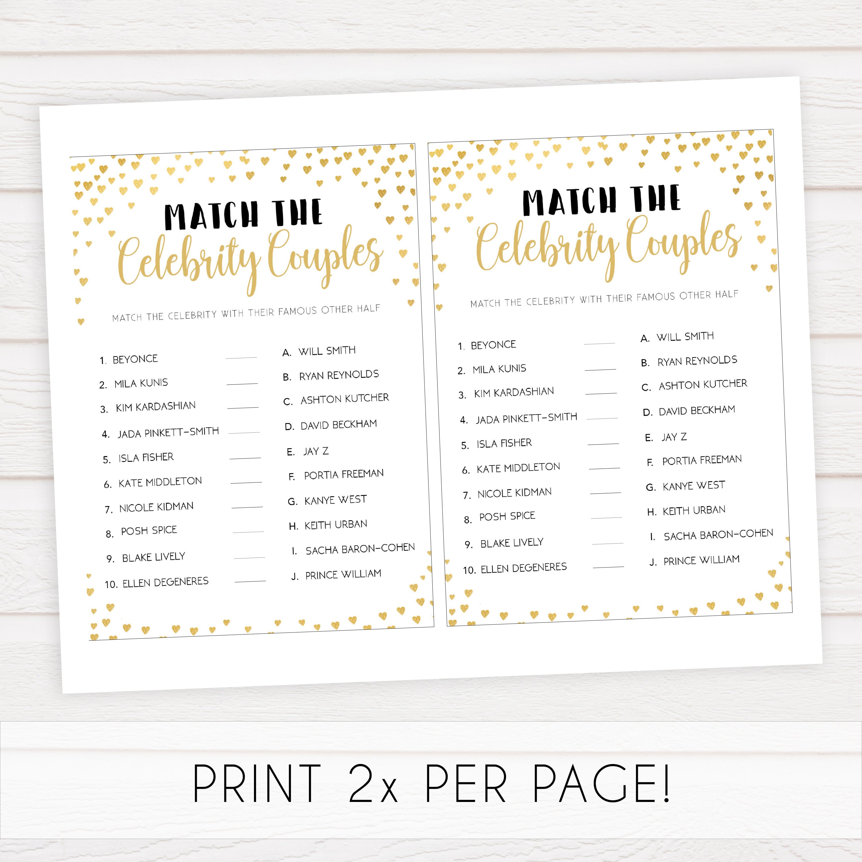 Gold hearts bridal shower games, match the celebrity couples, printable bridal games, gold bridal games, gold hearts bridal games, fun bridal games, top bridal games, best bridal games