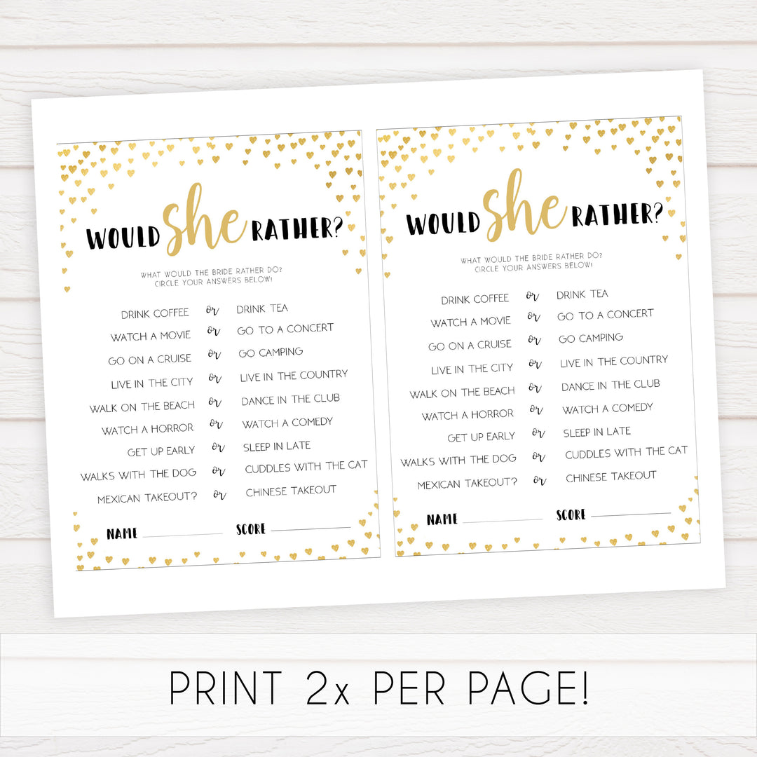 Gold hearts bridal shower games, would she rather, printable bridal games, gold bridal games, gold hearts bridal games, fun bridal games, top bridal games, best bridal games